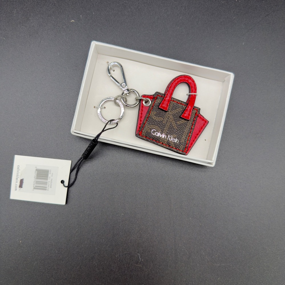 Calvin Klein Mini Tote Bag Charm Keychain Monogram Brown Red H4JSJ3MR NIB